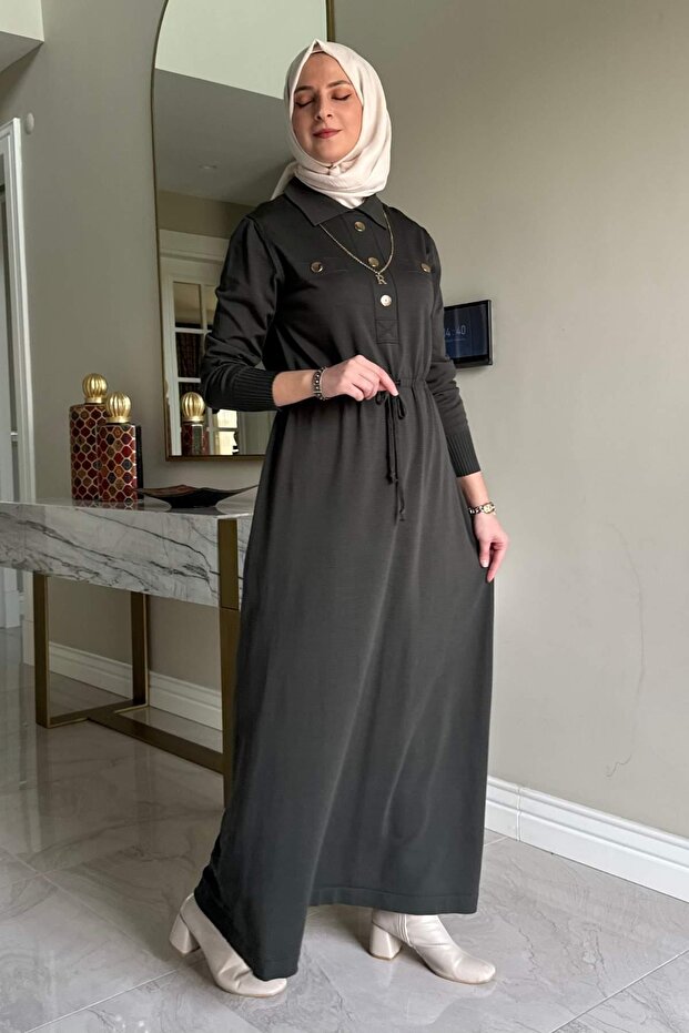 Hazan Triko Elbise Haki - 5