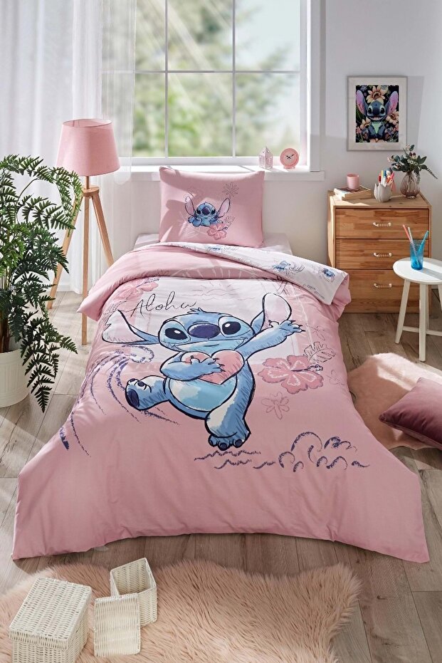 Licensed Fitted Sheet Single Children's Duvet Cover Set-Stitch Aloha Pink