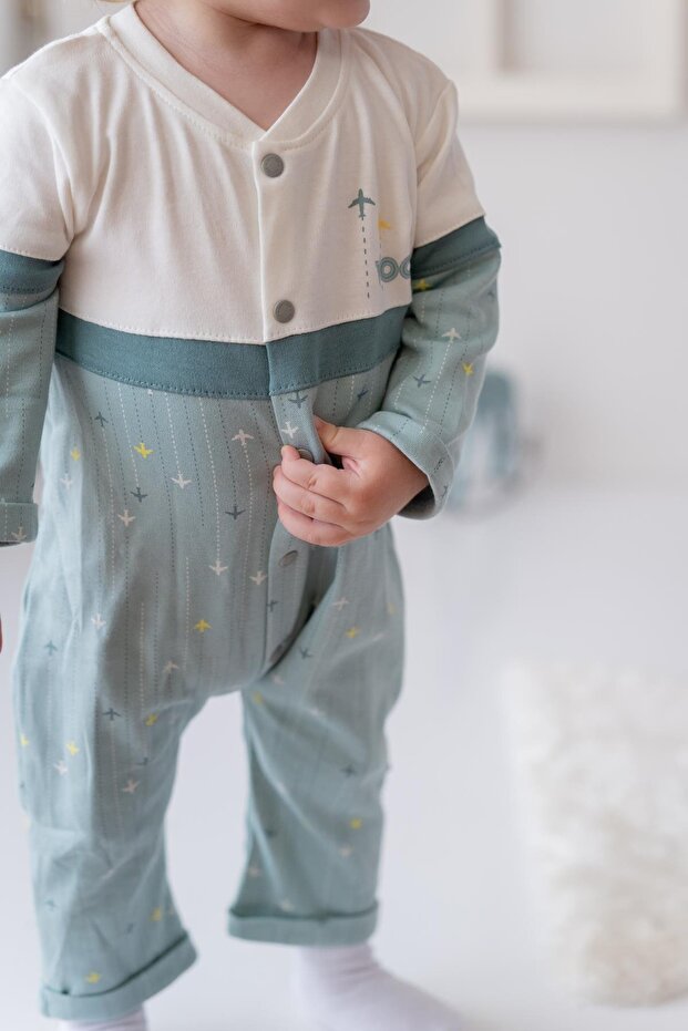 Erkek Bebek Baskılı Örme Tulum - Mint - 3