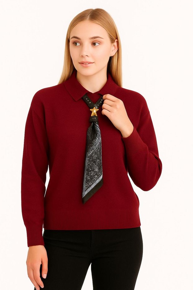 Women's Shirt Collar and Scarf Detailed Knitwear Polo Sweater