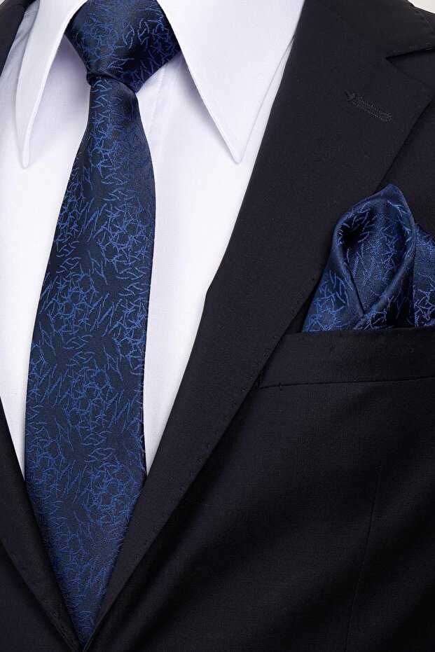 8 cm Classic Wide Hand Made Navy Blue Patterned Handkerchief Tie