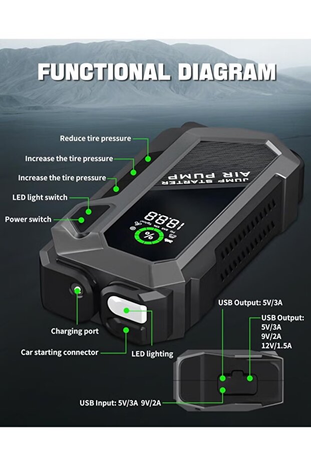 Multi-Function Car Starter with Fast Emergency Charging, Built-in Car Air Pump, and Powerful Int - 4