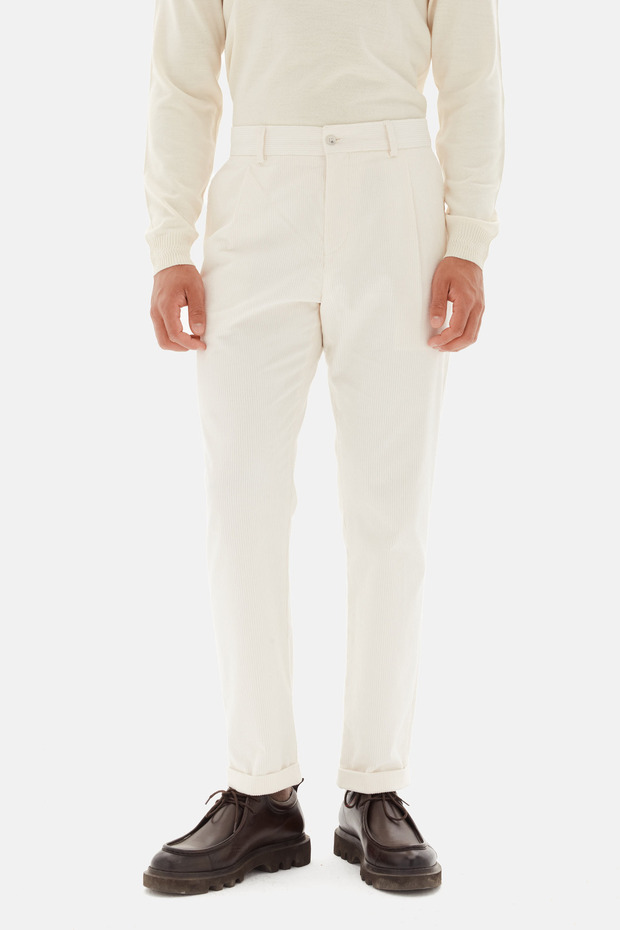 Ds Damat Comfort Fit Ecru Corded Fabric Velvet Fabric Trousers