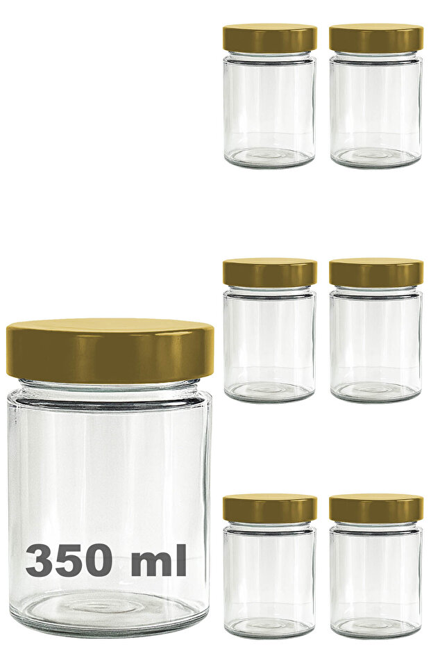 350 ml Jar with Gold Deep Lid 350 Cc Transparent Jam, Marmalade Glass Jar Deep 6 Pieces