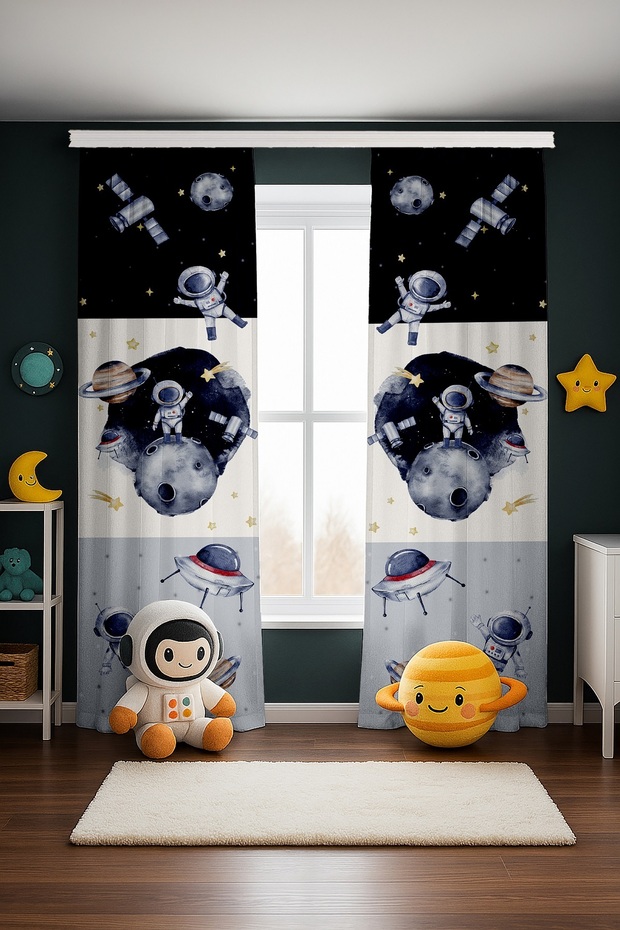 Navy Blue Gray Adventurer Astronaut Patterned Children's Baby Room Background Curtain (Single Panel Pricing)