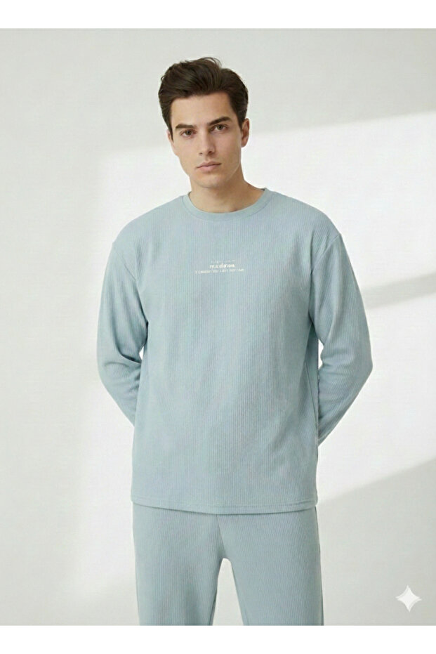 Unisex Crew Neck Embossed Printed Inside Cotton Pocketed Top and Bottom Set