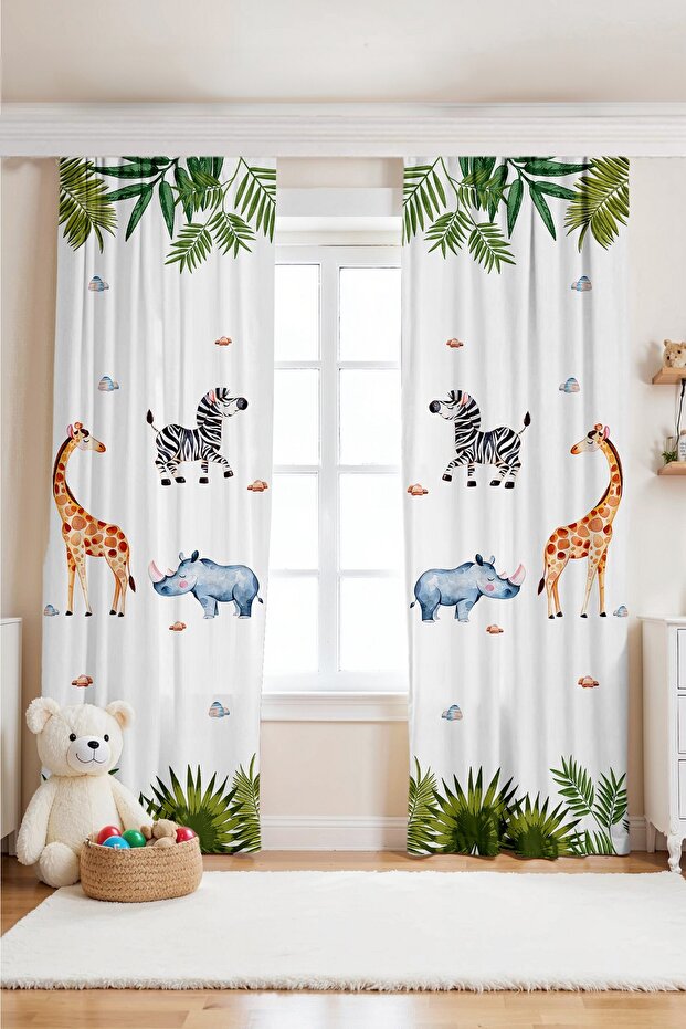 Safari Friends Patterned Children's Baby Room Background Curtain (Single Panel Pricing)