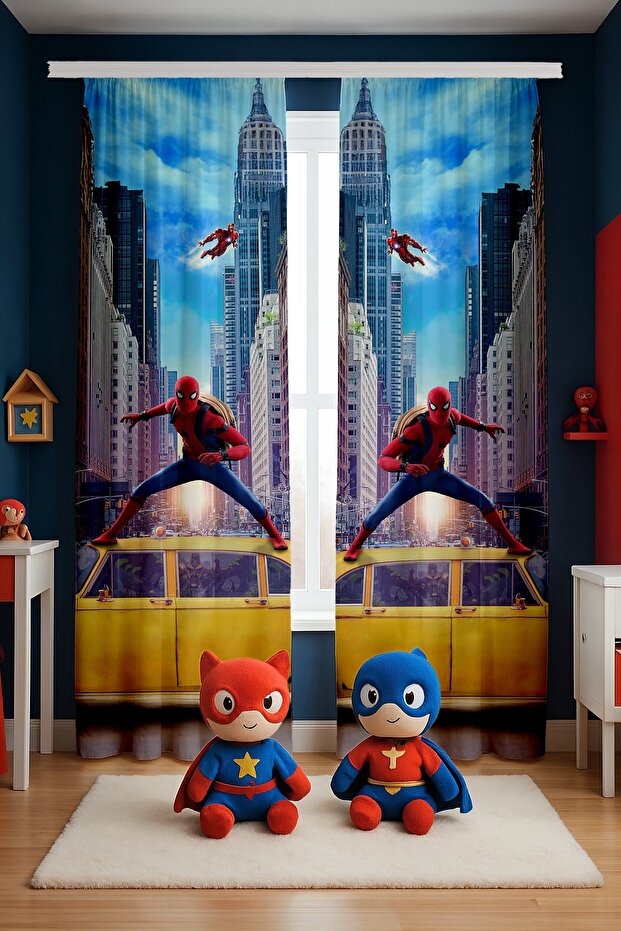 Spider Patterned Children's Baby Room Background Curtain in Taxi Cab (Single Panel Pricing)