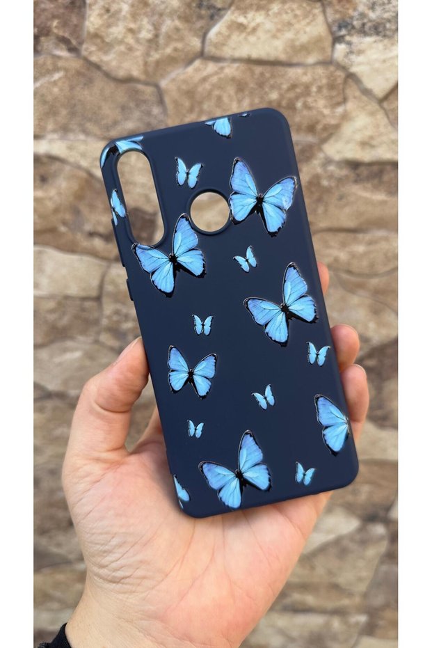 Huawei Y7 2019 Compatible Blue Butterfly Patterned Silicone Shock-Absorbing Classic Protective Rubber Case
