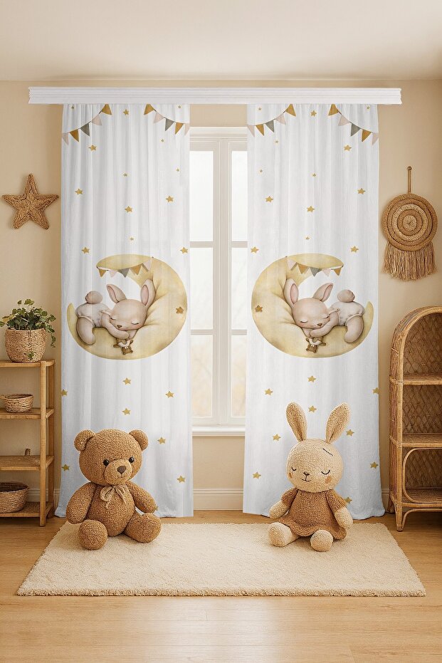 Rabbit Sleeping on the Moon Patterned Children's Baby Room Background Curtain (Single Panel Pricing)