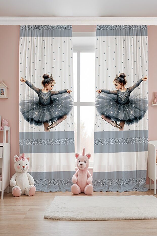 Gray Ballerina Patterned Children's Baby Room Background Curtain (Single Wing Pricing)