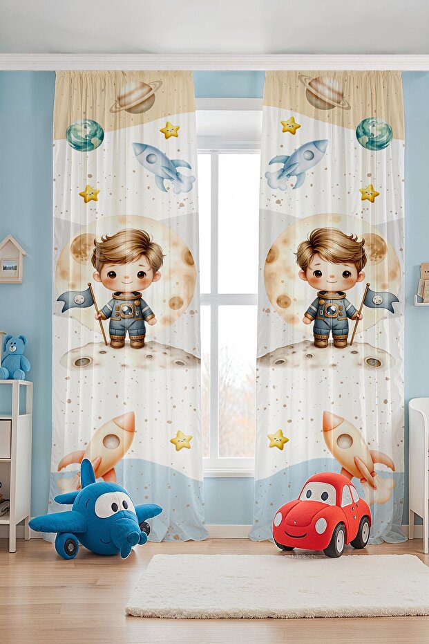 Astronaut Exploring Patterned Children's Baby Room Background Curtain (Single Panel Pricing)