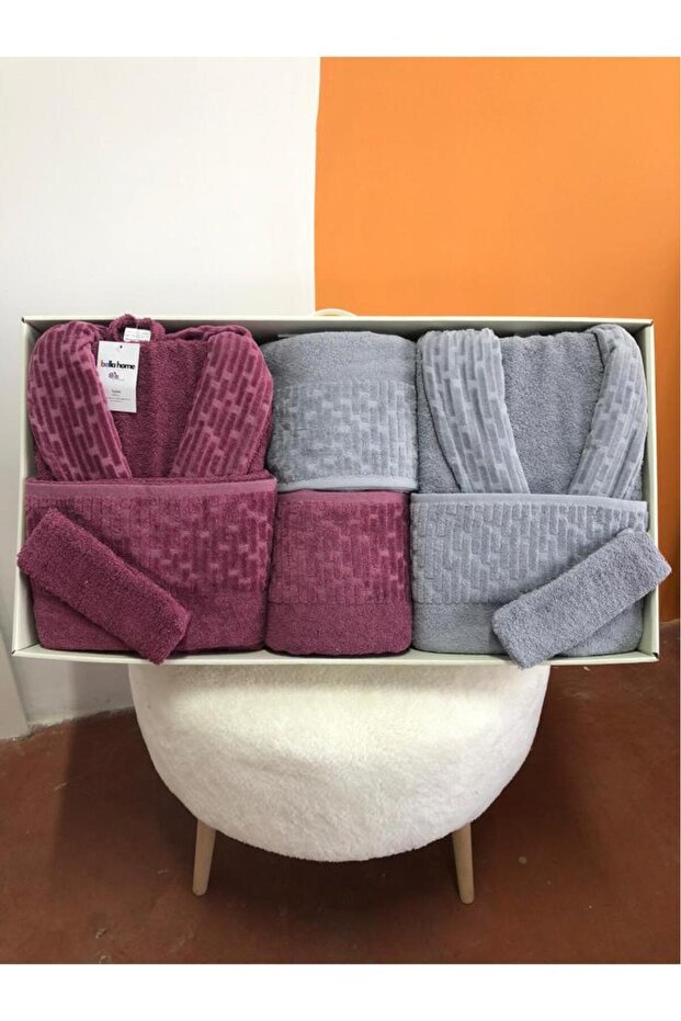 Su Yolu 8 Piece Family Bathrobe Set Light Gray - Plum