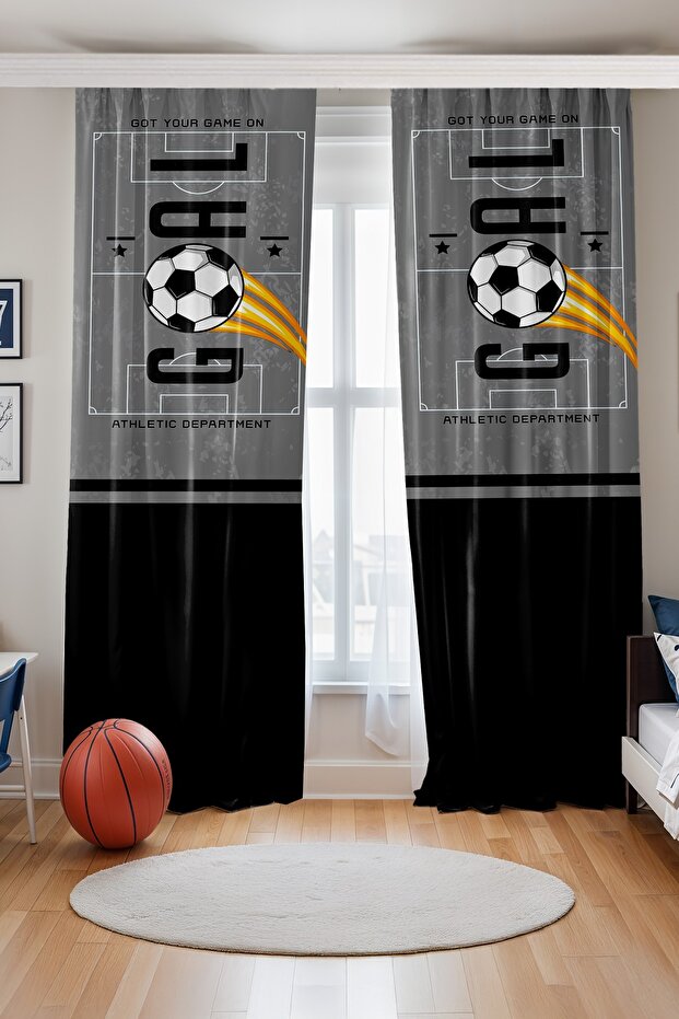 Gray Stadium Goal Written Patterned Children's Baby Room Background Curtain (Single Panel Pricing)