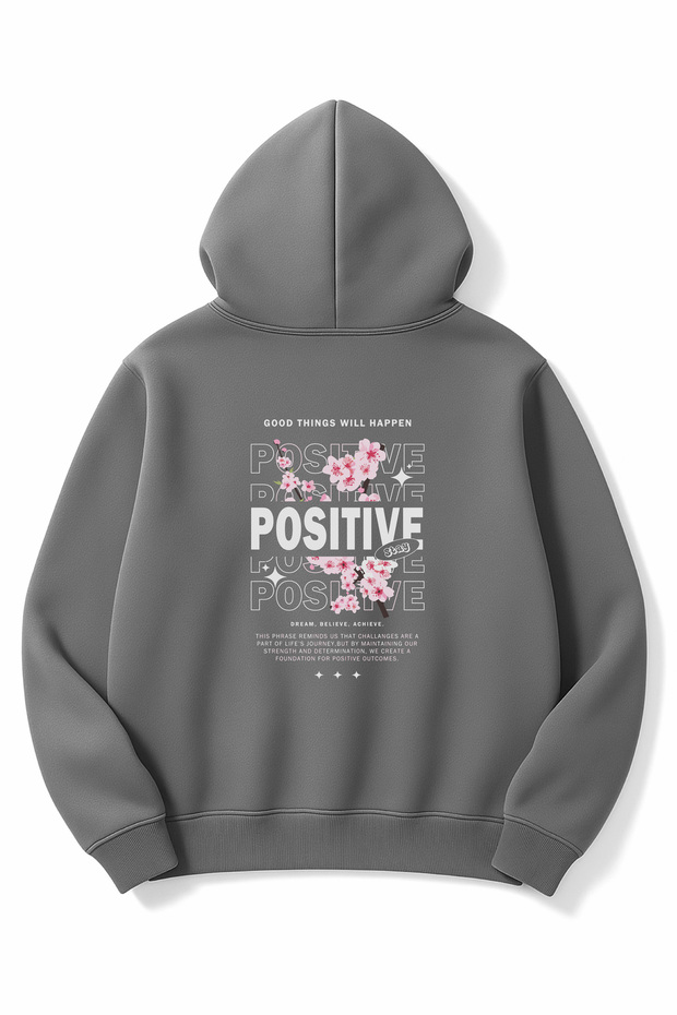 Oversized Smoke Gray Unisex Positive Flower Printed Hooded Sweatshirt