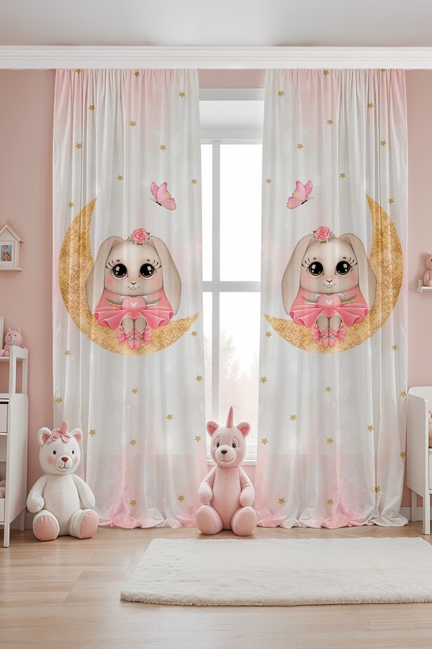 Rabbit on the Moon Patterned Children's Baby Room Background Curtain (Single Panel Pricing)
