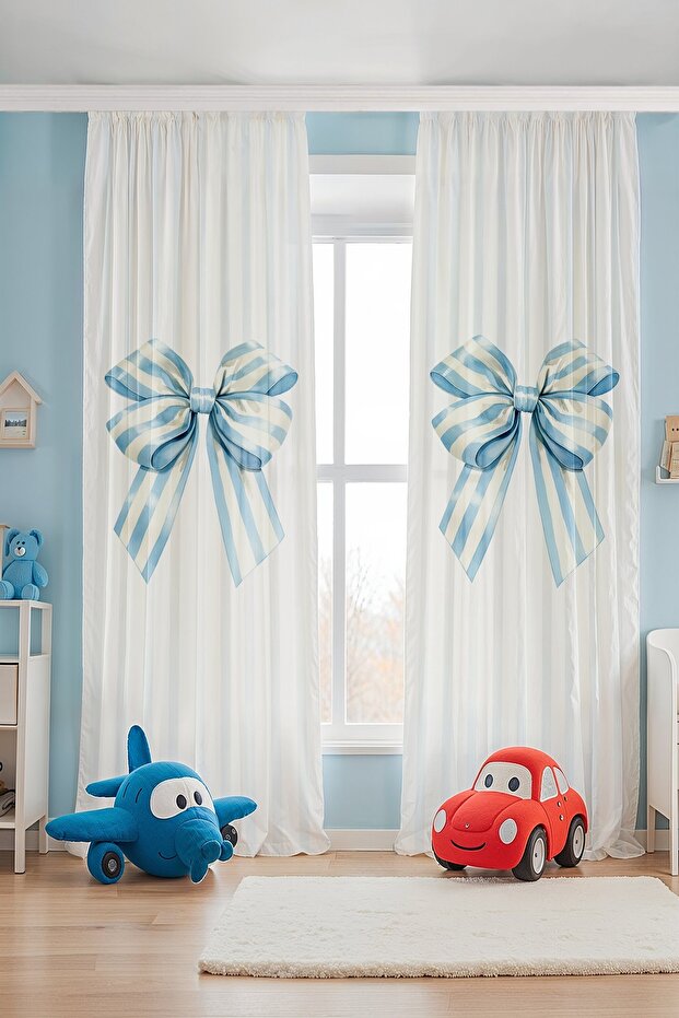 Blue Striped Bow Patterned Children's Baby Room Background Curtain (Single Wing Pricing)