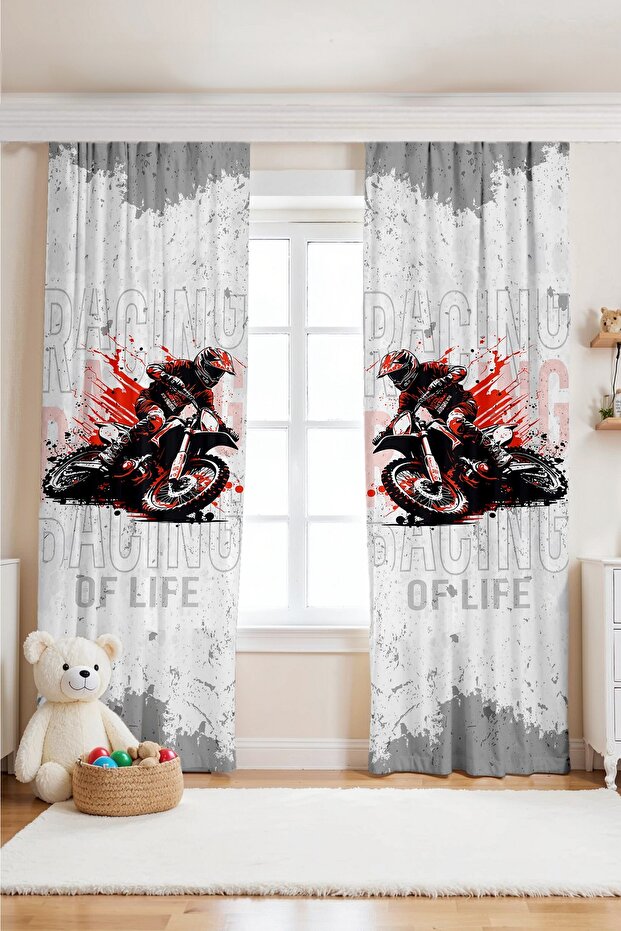 Red Motor Racer Patterned Children's Baby Room Background Curtain (Single Panel Pricing)