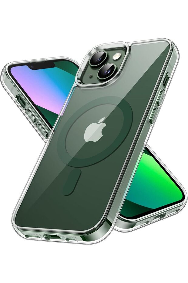 Magnetic Case for iPhone 13 (6.1") MagSafe Compatible, Shockproof, Clear/Alpine Green