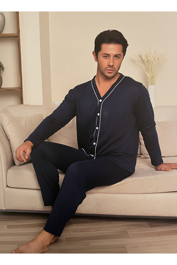 Men's Front Buttoned Long Sleeve Pajama Set - 3