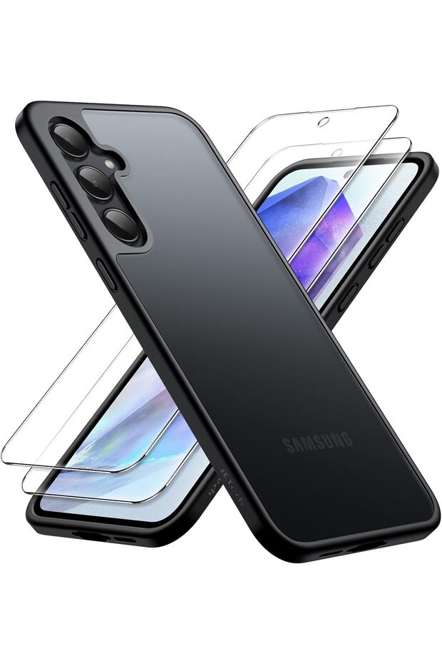 3-in-1 Matte Case for Samsung Galaxy A55 5G with 2-Pack Tempered Glass (Black)