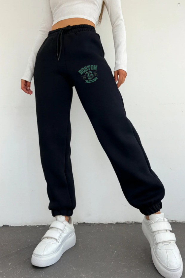 Women's Winter Boston Printed Standard Waist Cotton Leg Elasticated Sweatpants