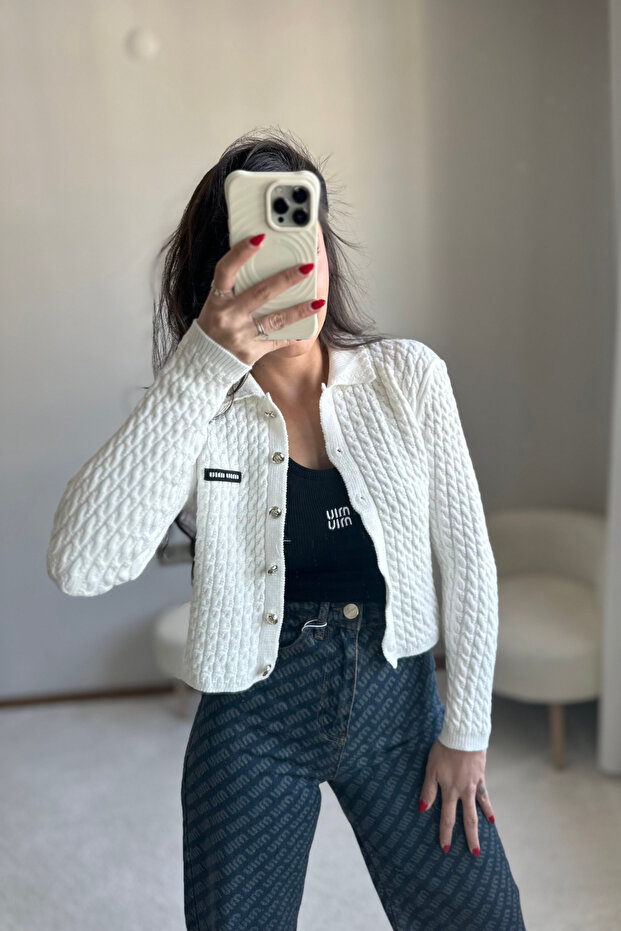 Mivuu Beyaz Örme Kalın Hırka - 6