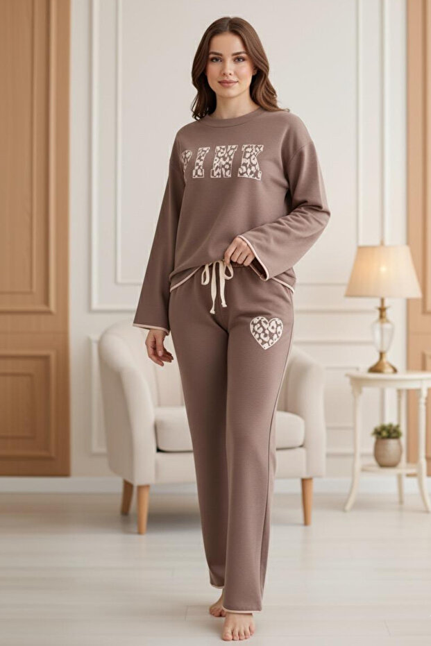Piped Detail Wide Sleeve Pajama Set with Leopard Print and Heart B Printed on the Sleeve/Hem