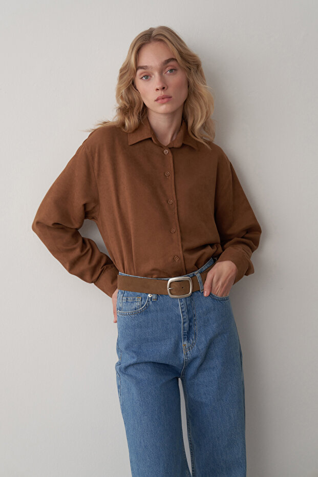 Taba Süet Oversize Gömlek - 3