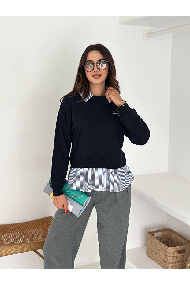 Çizgili Yakalı Basic Sweatshirt - 2