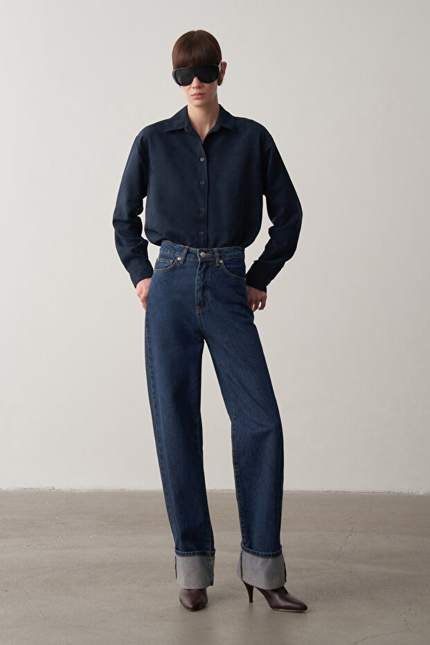 Lacivert Süet Oversize Gömlek - 4