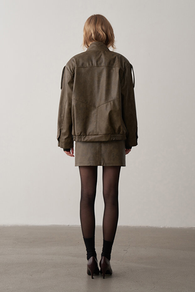 Haki Deri Bomber Ceket - 4