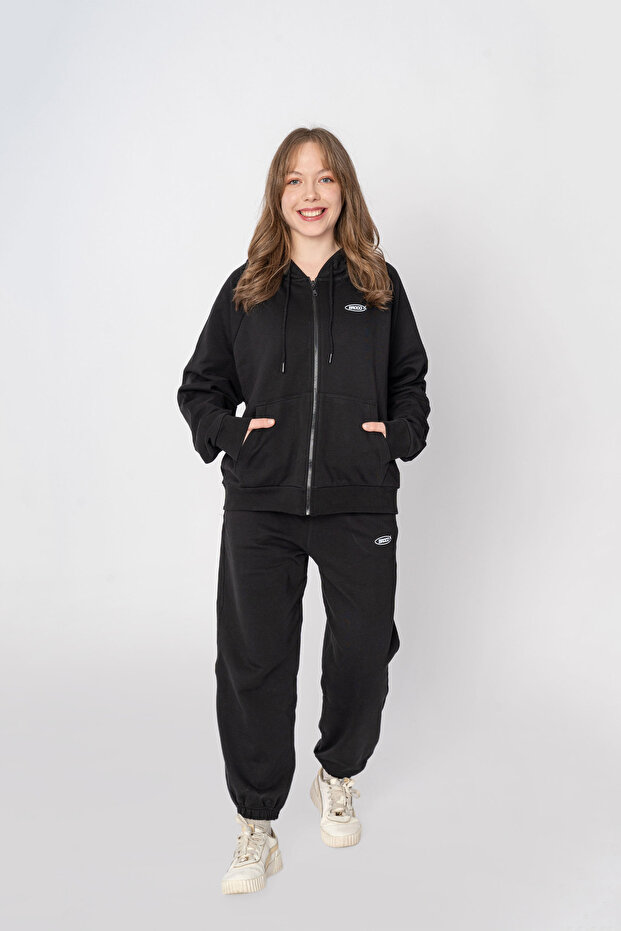 Unisex Oversize Fermuarlı Kapüşonlu Siyah Basic Sweatshirt - 7