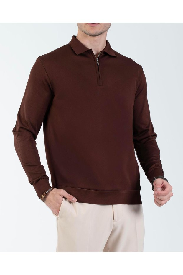 Italian Style S Slim Fit Zipper Polo Neck Knitwear Sweater Tile T14514
