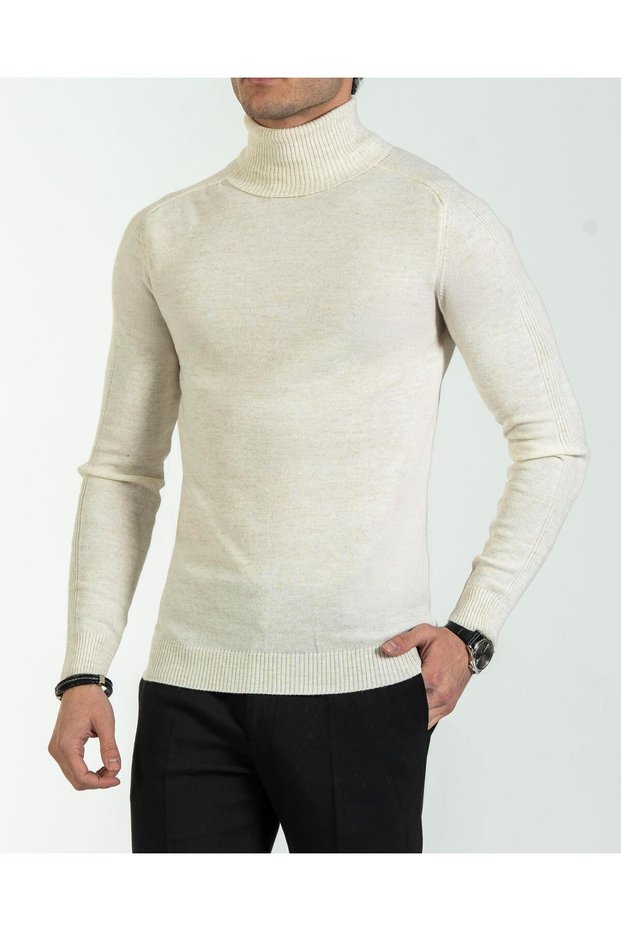 Italian Style S Slim Fit Knitwear Turtleneck High-Neck Sweater Ecru T13094