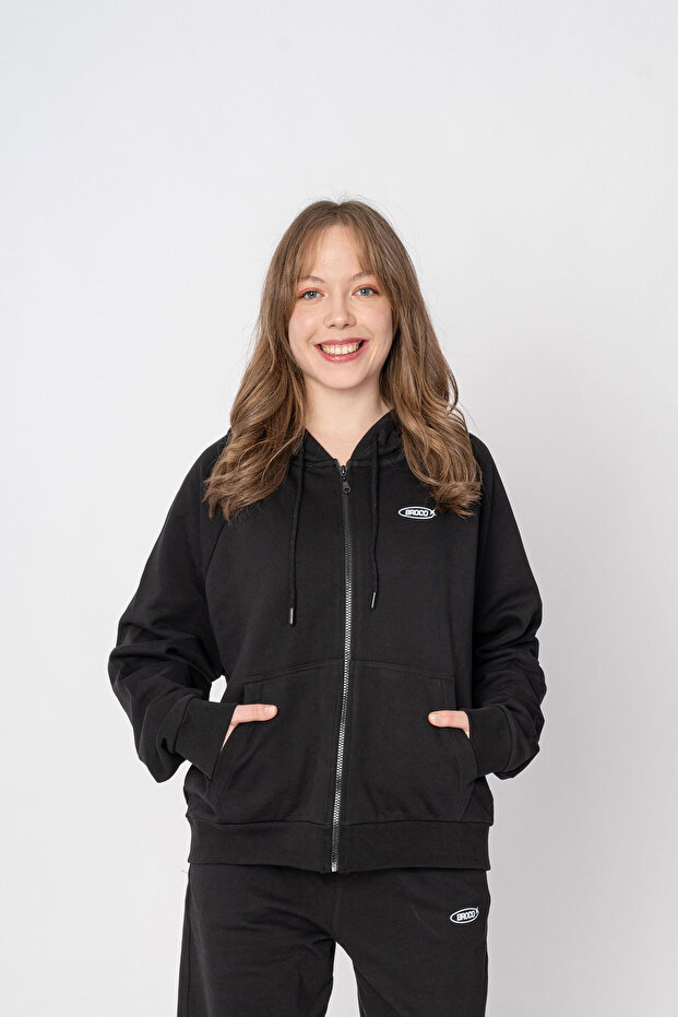 Unisex Oversize Fermuarlı Kapüşonlu Siyah Basic Sweatshirt - 3