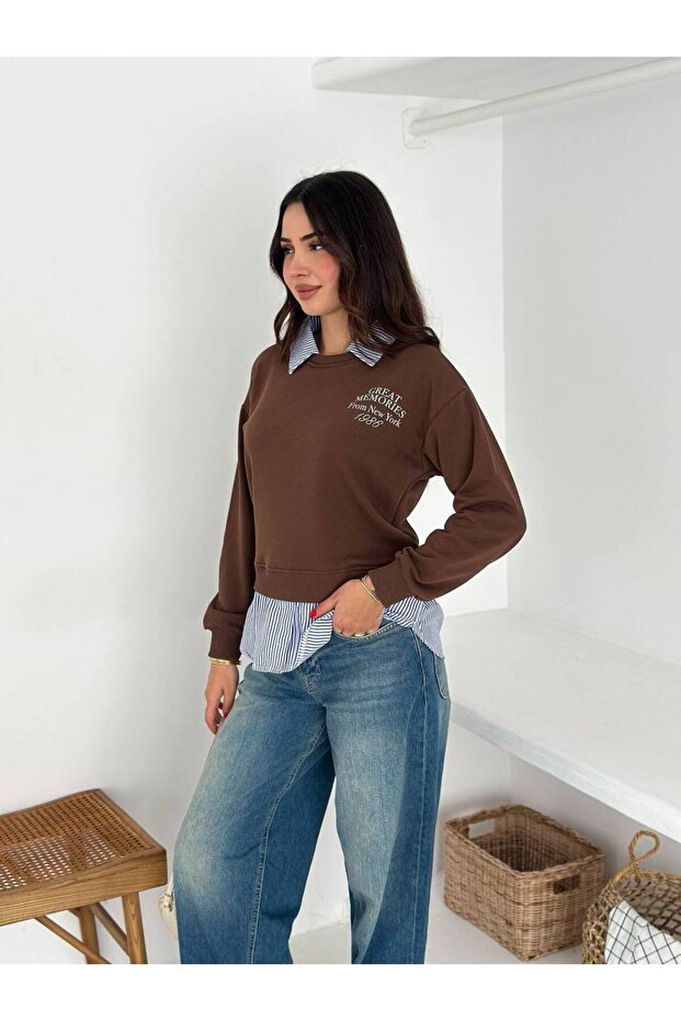 Çizgili Yakalı Basic Sweatshirt - 2