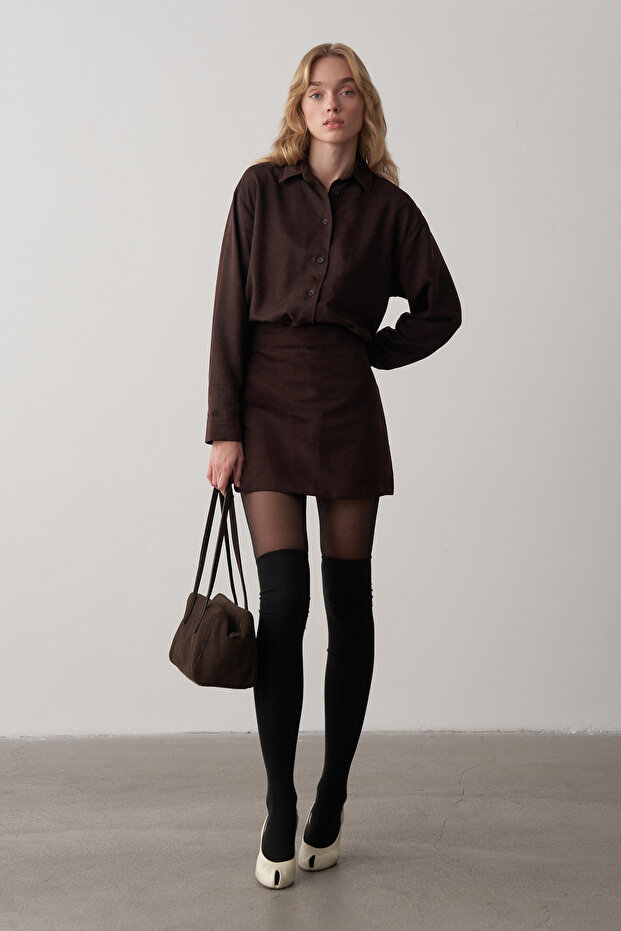 Acı Kahve Süet Oversize Gömlek - 1