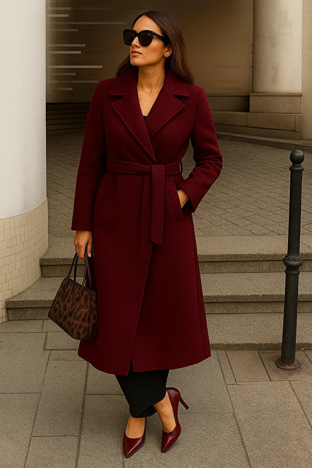 Women's Winter Belted Long Double-Breasted Burgundy Cashmere Coat
