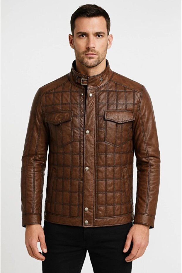 Stone Pattern Special Design Coffee Color Premium Genuine Leather Jacket