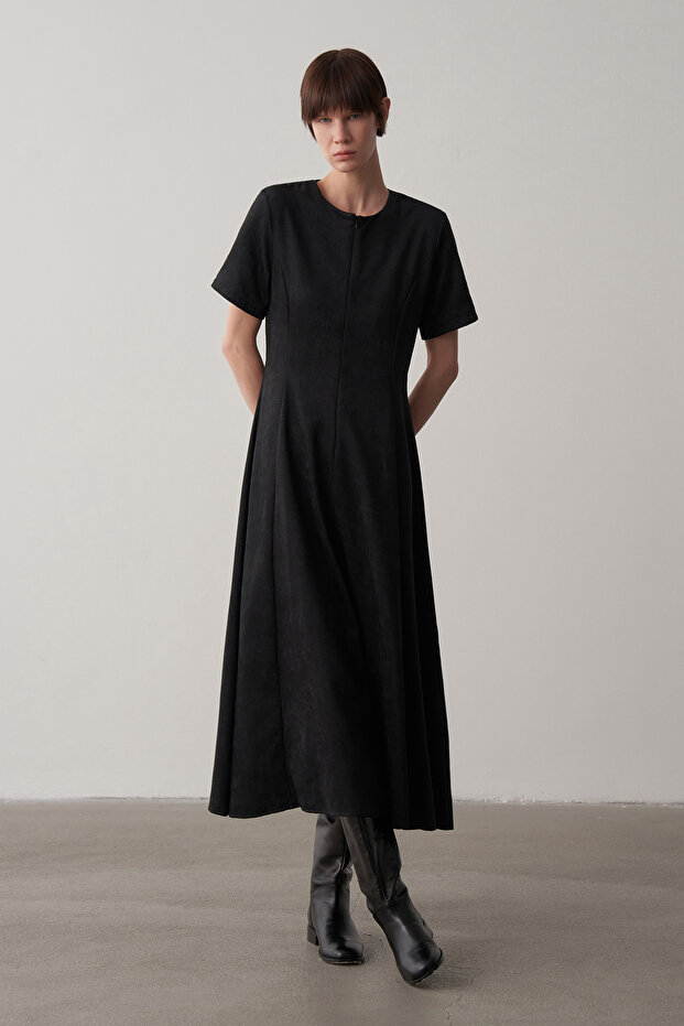 Siyah Maxi Süet Elbise - 2
