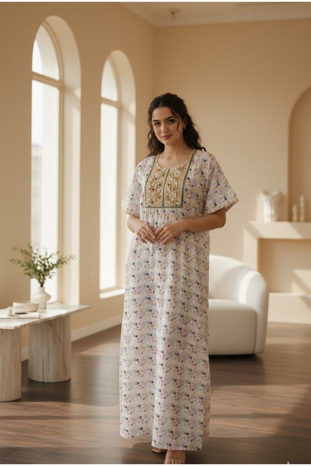White floral jalabiya withpink embroidery on the yoke—light, breezy, and perfect for everyday wear.