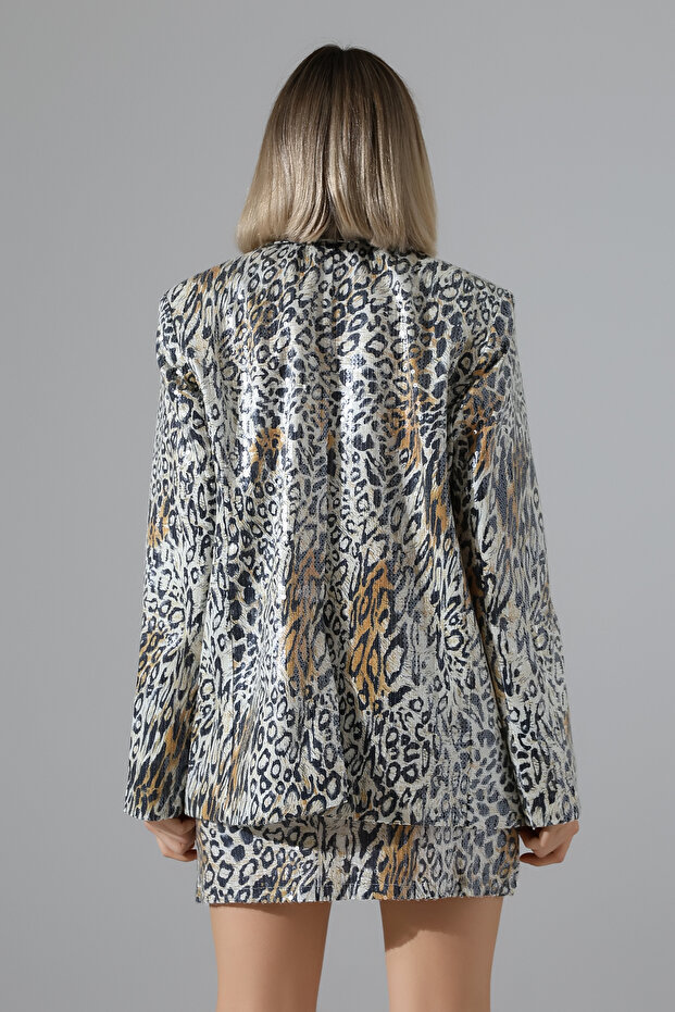 Kadın Leopar Payetli Basic Mini Etek 2448-THL - 4