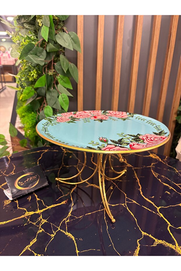Glass Design Metal Leg Presentation Plate, Moon-Shaped Metal Leg and Decorative Glass Rose Pattern on Top