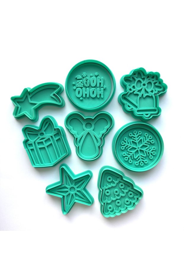 New Year's Special 8-Piece Cookie Mold Set | Angel, Star, Gift, Bell | Sugar Pulp, Clay