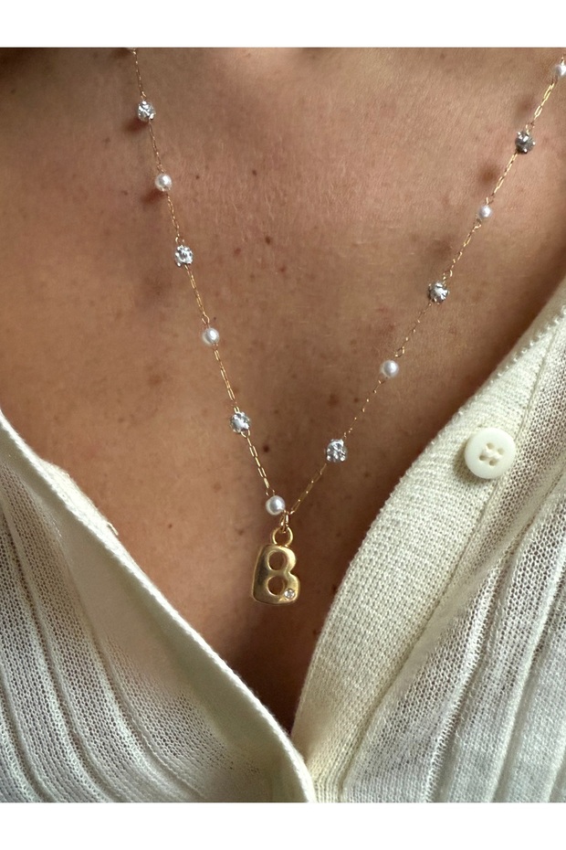 Stainless Steel Letter B Merci Necklace with Pearl and Chain