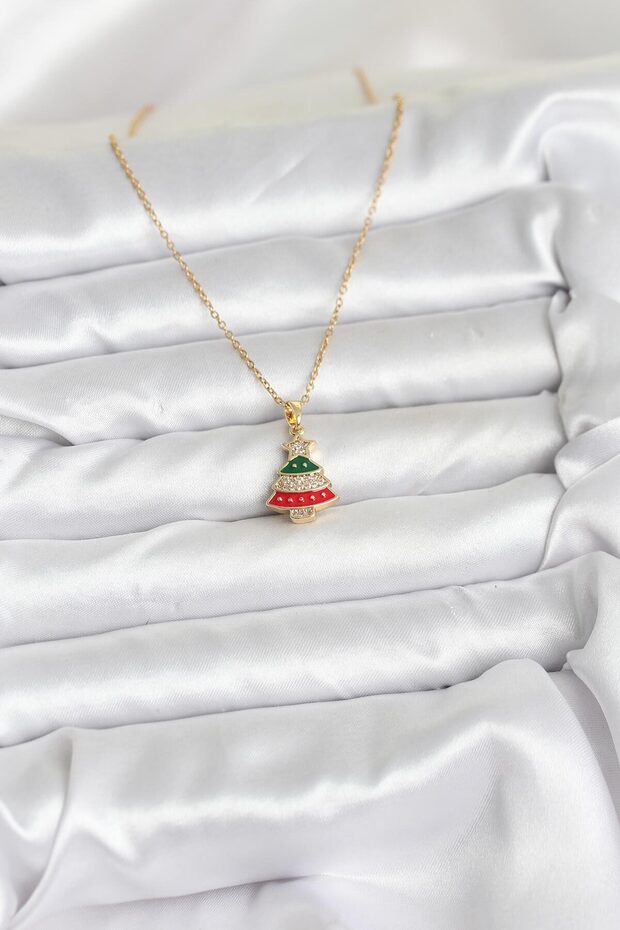 Christmas Theme Women's Necklace with Golden Steel Rhine Pine Tree Zircon for Elegant Necks