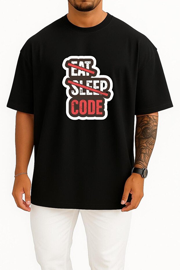 تي شيرت للجنسين بضغط على الصدر - Yeme Uyuma Sadece Kod Yaz Yazılımcı  فضفاض - 1