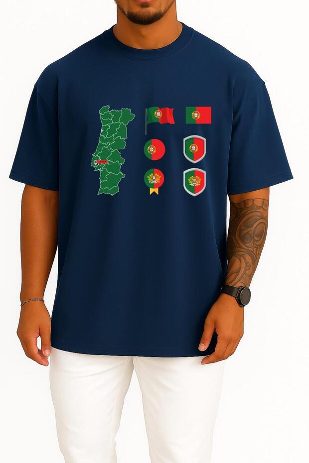 Oversized Portugal Map and Flag Chest Printed Unisex T-Shirt