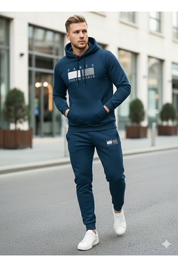 طقم بدلة رياضية من Three Thread Compact بغطاء رأس مصنوع من القطن من الداخل Paris Dream Maker B مطبوع Premium O قصة فضفاضة